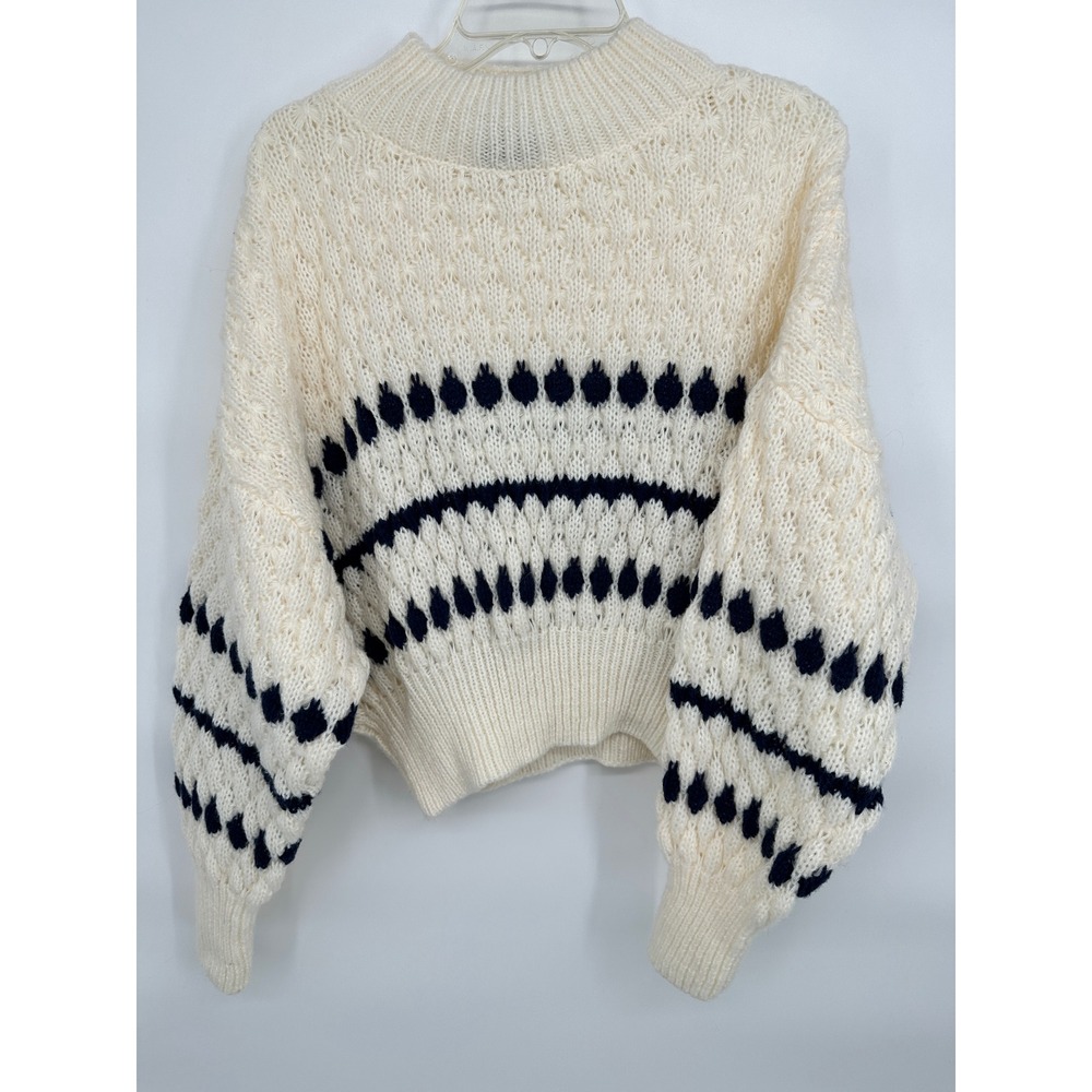 MIOU MUSE Cream Navy Geometric Fair Isle Mock Neck Sweater Size M
